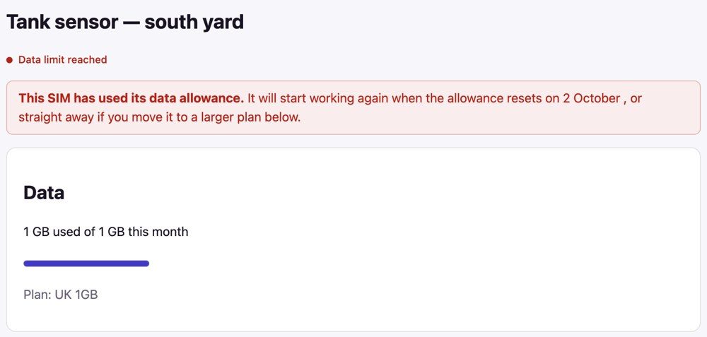 A SIM that has used its allowance, with the date it resumes and the option to upgrade